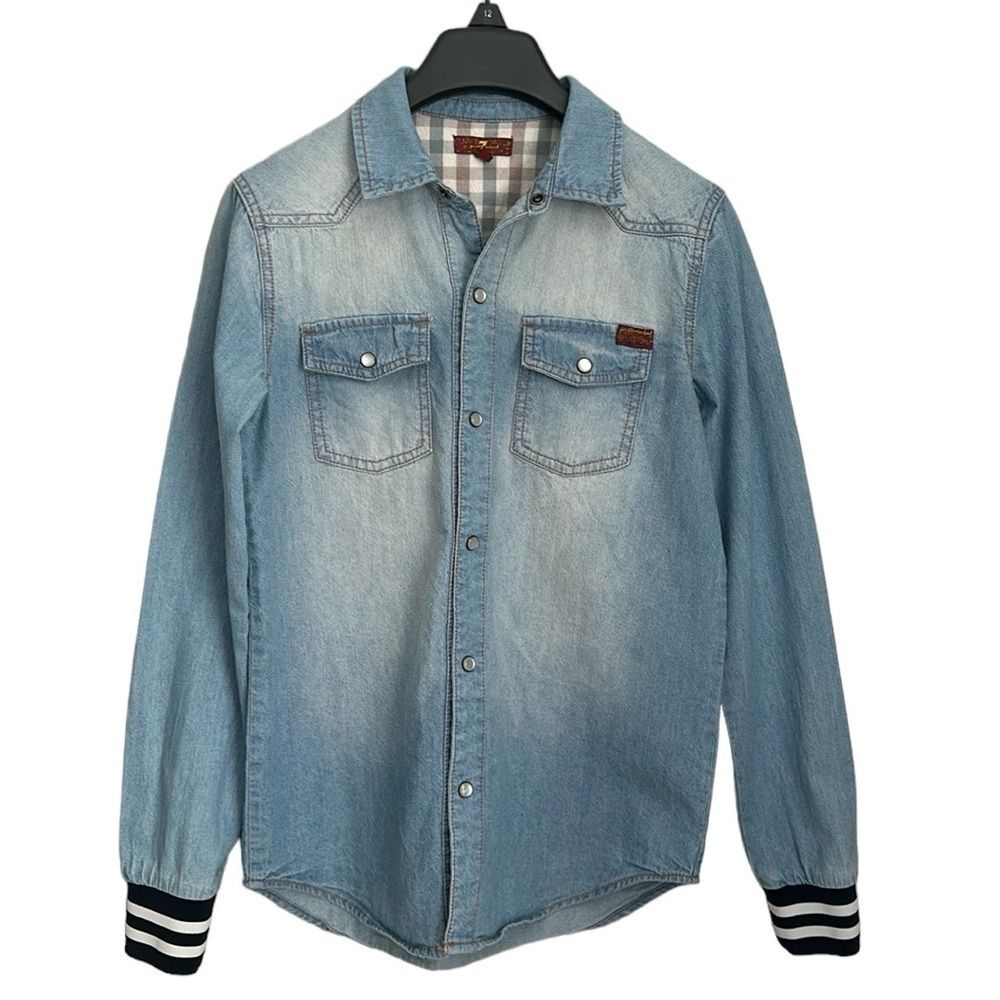 7 For All Mankind Shirt Youth Blue Denim Pearl Snap Western Cowboy Boys Size M